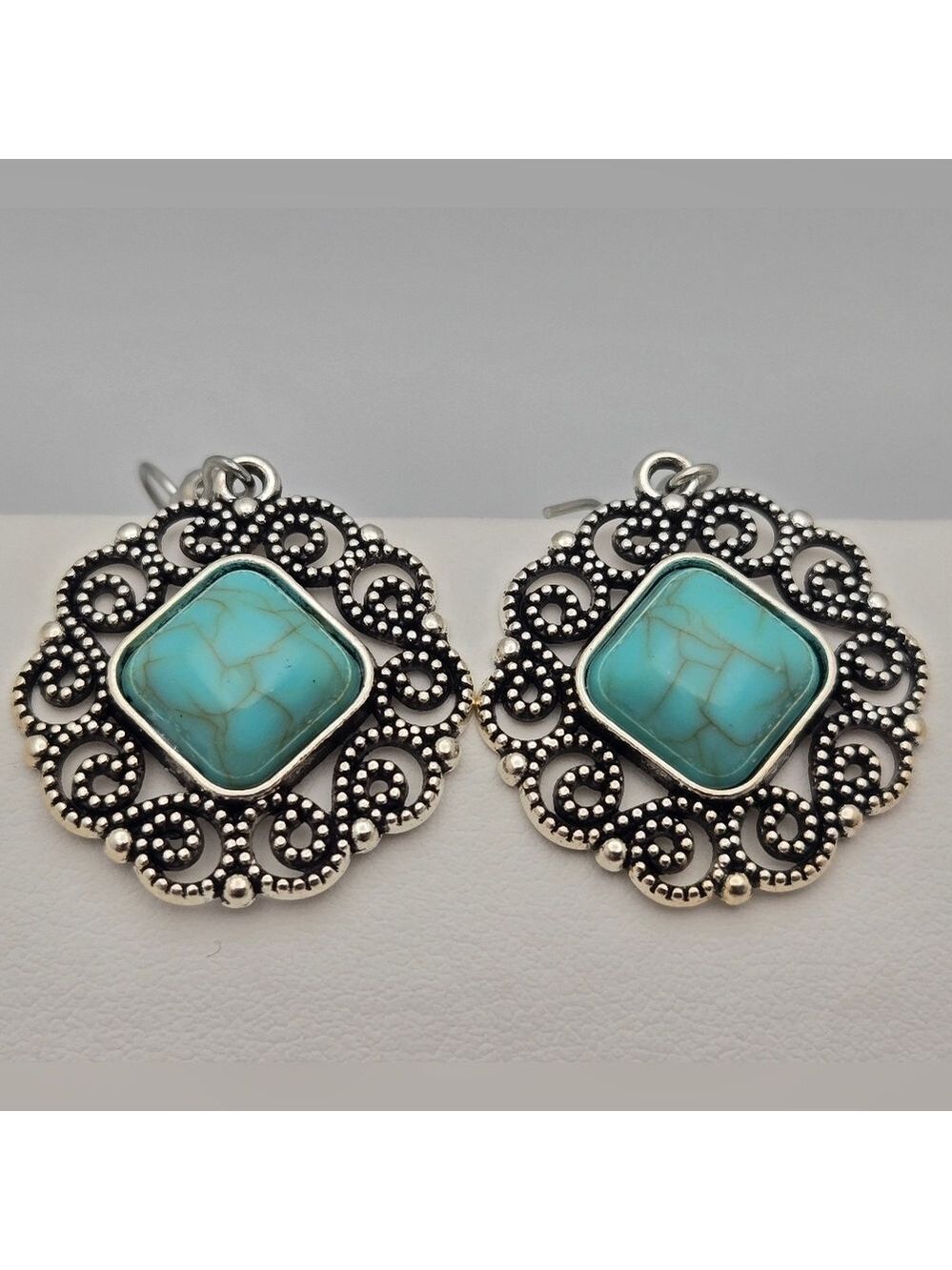 Turquoise & Silver-Tone Dangle Earrings Western Boho Style